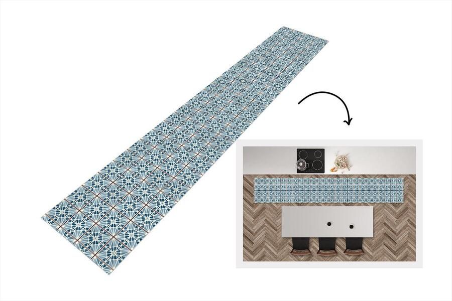 KitchenYeah Keukenloper Keukenmat Blauw Patronen Tegels 360x60 cm Keuken vloerkleed