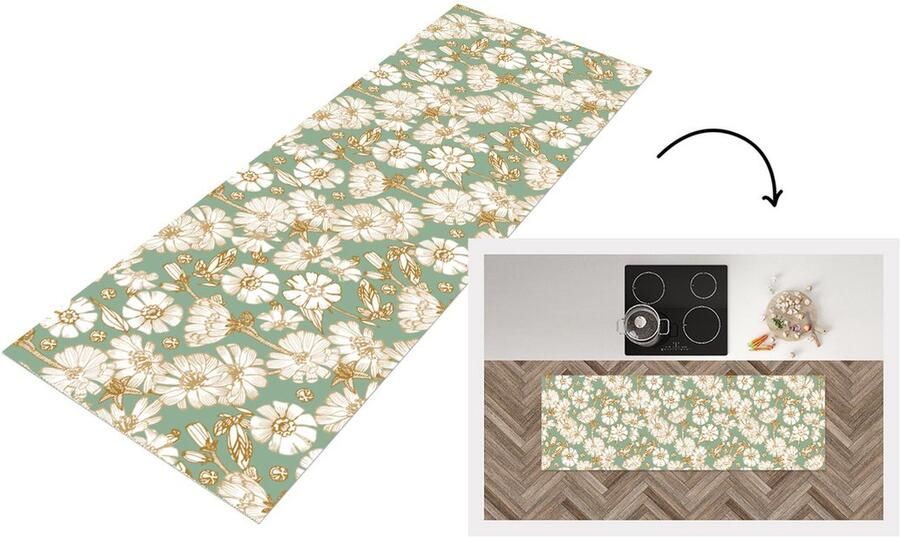 KitchenYeah Keukenloper Loper keuken Bloem Art nouveau Design 180x60 cm Keukenloper vinyl