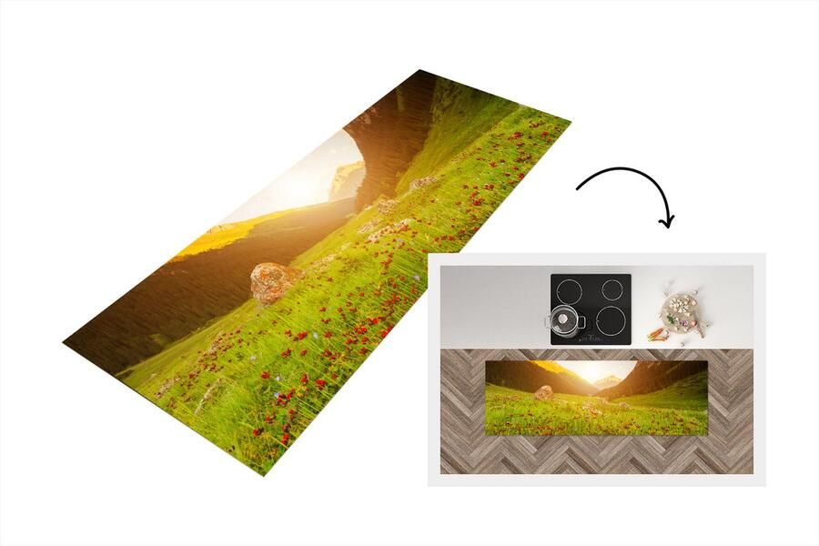 KitchenYeah Keukenloper Loper keuken Bloemen Berg Zon 180x60 cm Keukenloper vinyl
