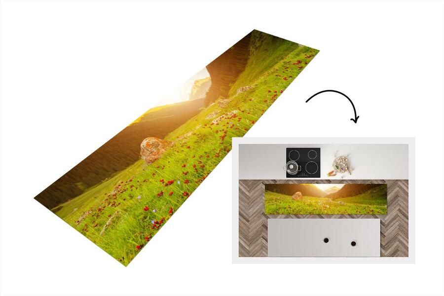 KitchenYeah Keukenloper Loper keuken Bloemen Berg Zon 240x60 cm Keukenloper vinyl