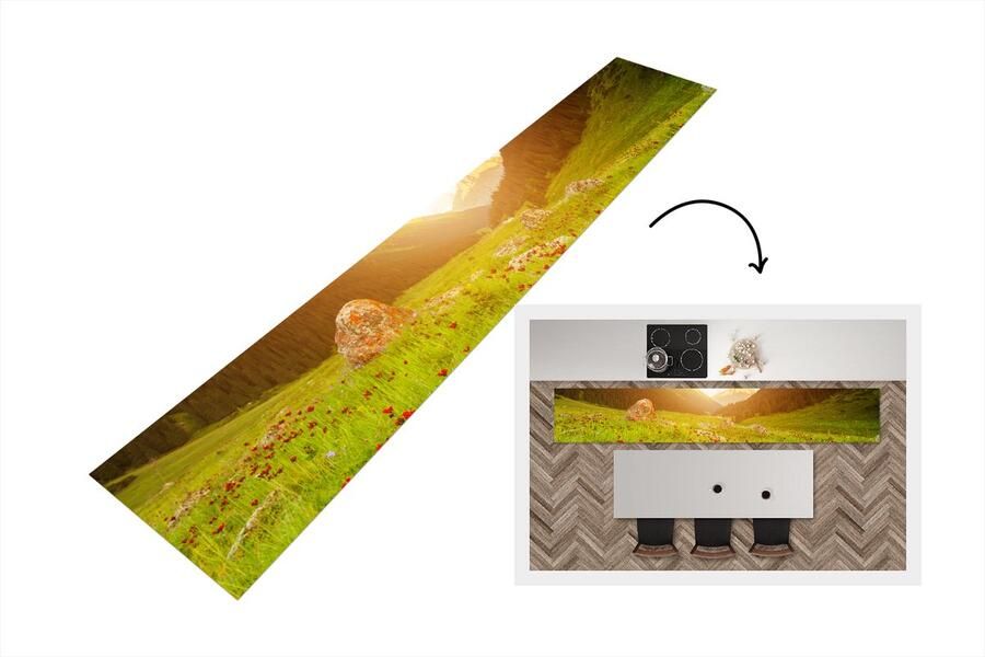 KitchenYeah Keukenloper Loper keuken Bloemen Berg Zon 300x50 cm Keukenloper vinyl