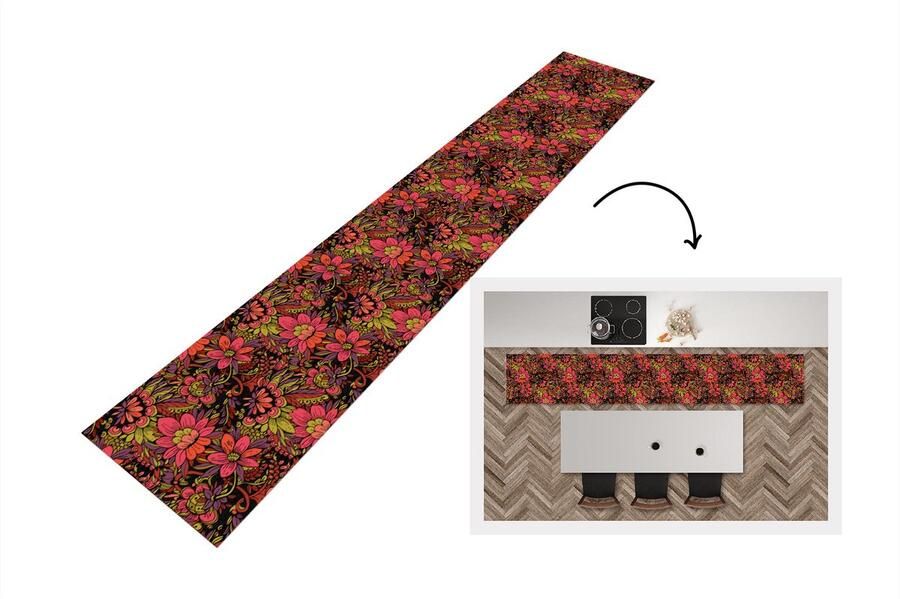 KitchenYeah Keukenloper Keukenmat Bloemen Bladeren Design 360x60 cm Keuken vloerkleed