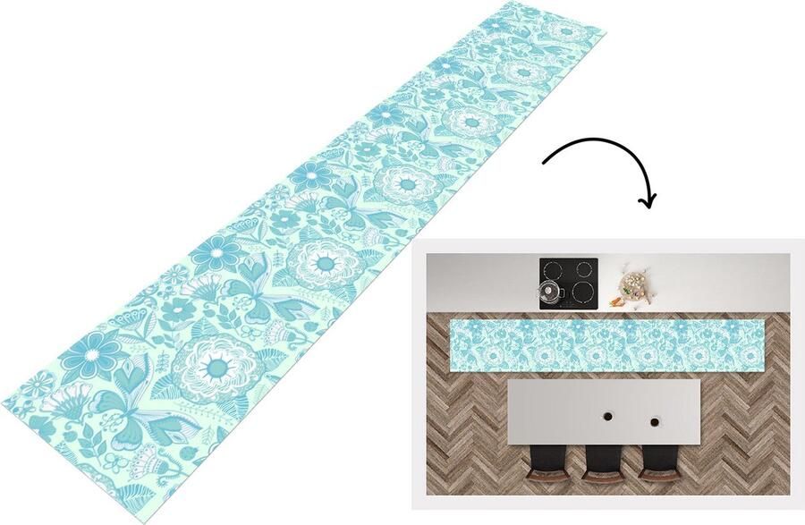 KitchenYeah Keukenloper Keukenmat Bloemen Blauw Wit Patroon 360x60 cm Keuken vloerkleed