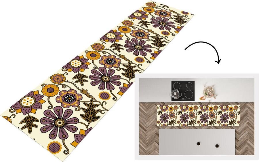 KitchenYeah Keukenloper Loper keuken Bloemen Bohemian Vintage Cartoon 240x60 cm Keukenloper vinyl