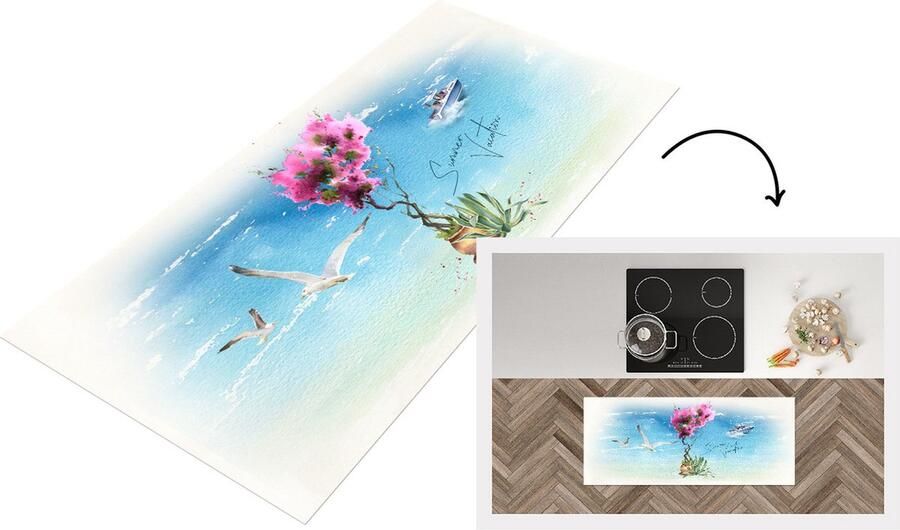 KitchenYeah Keukenloper Loper keuken Bloemen Boot Vogel Zee 120x50 cm Keukenloper vinyl