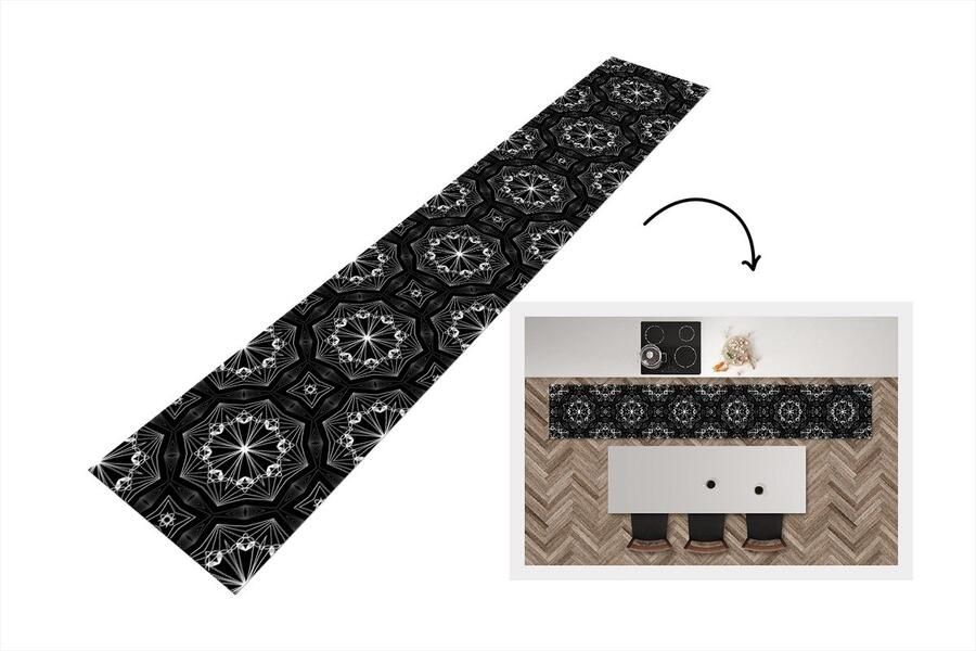 KitchenYeah Keukenloper Keukenmat Bloemen Design Zwart Wit Geometrie 360x60 cm Keuken vloerkleed