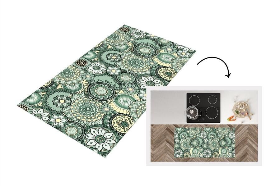 KitchenYeah Keukenloper Loper keuken Bloemen Groen Patronen 120x60 cm Keukenloper vinyl