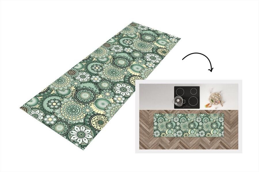 KitchenYeah Keukenloper Loper keuken Bloemen Groen Patronen 180x60 cm Keukenloper vinyl