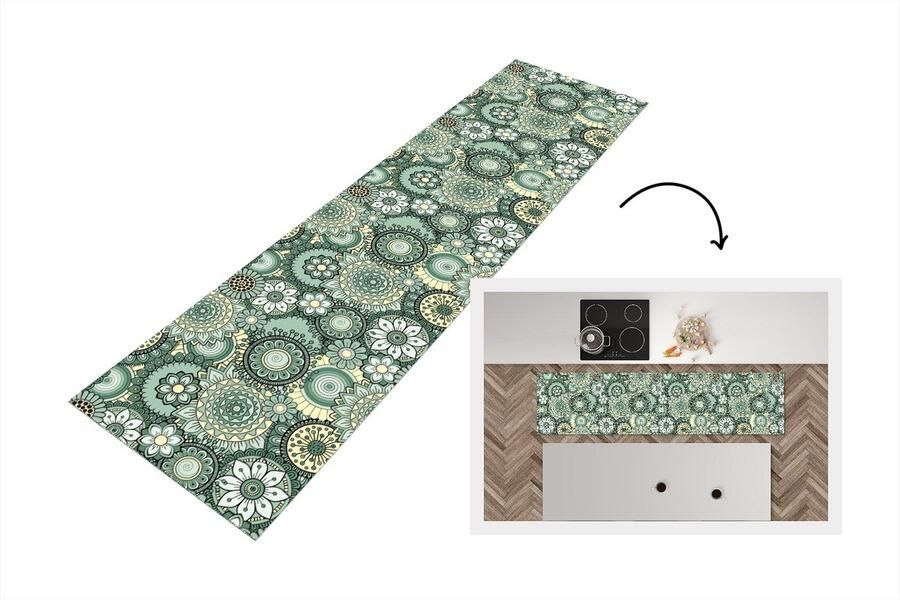 KitchenYeah Keukenloper Loper keuken Bloemen Groen Patronen 240x60 cm Keukenloper vinyl