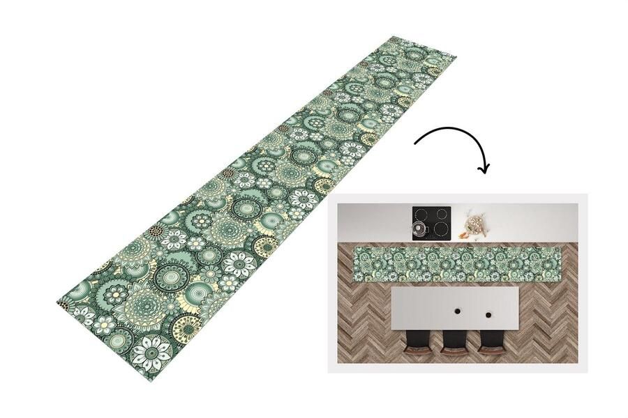 KitchenYeah Keukenloper Loper keuken Bloemen Groen Patronen 300x50 cm Keukenloper vinyl