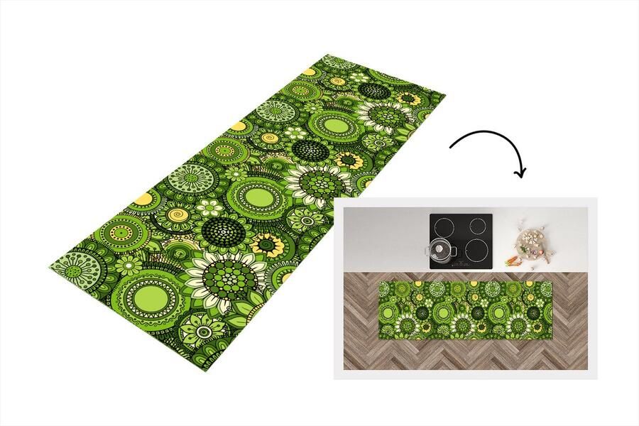 KitchenYeah Keukenloper Loper keuken Bloemen Groen Patroon 150x50 cm Keukenloper vinyl