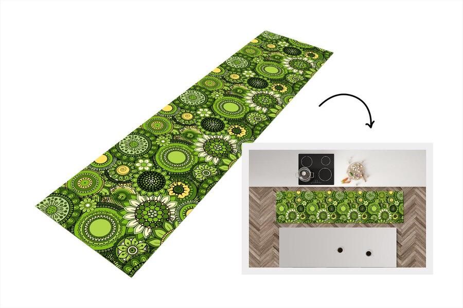 KitchenYeah Keukenloper Loper keuken Bloemen Groen Patroon 240x60 cm Keukenloper vinyl
