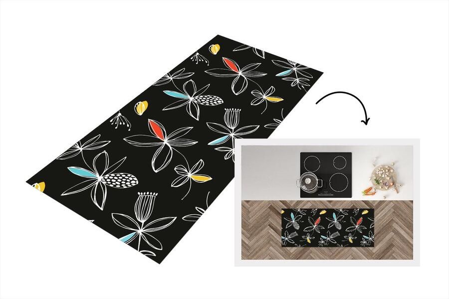 KitchenYeah Keukenloper Loper keuken Bloemen Line Art Patronen 120x50 cm Keukenloper vinyl
