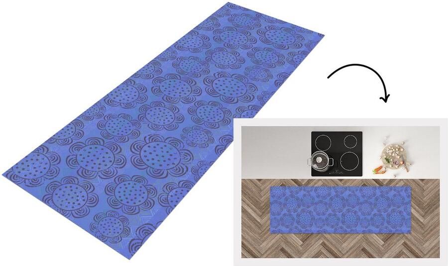 KitchenYeah Keukenloper Loper keuken Bloemen Patronen Blauw 150x50 cm Keukenloper vinyl