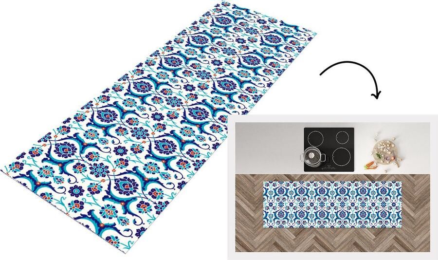 KitchenYeah Keukenloper Loper keuken Bloemen Patronen Blauw 180x60 cm Keukenloper vinyl
