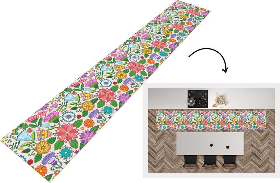 KitchenYeah Keukenloper Keukenmat Bloemen Regenboog Vlinder Design 360x60 cm Keuken vloerkleed