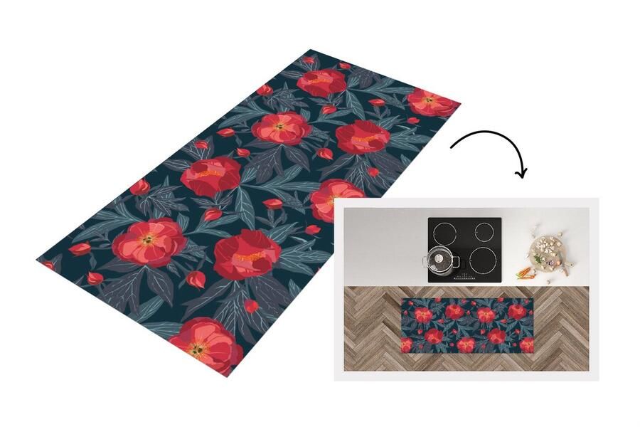 KitchenYeah Keukenloper Loper keuken Bloemen Rood Bladeren Patronen 120x50 cm Keukenloper vinyl
