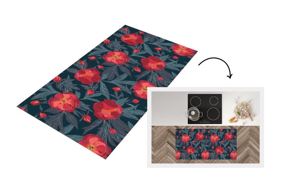 KitchenYeah Keukenloper Loper keuken Bloemen Rood Bladeren Patronen 120x60 cm Keukenloper vinyl
