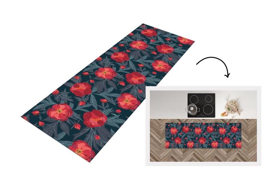 KitchenYeah Keukenloper Loper keuken Bloemen Rood Bladeren Patronen 180x60 cm Keukenloper vinyl