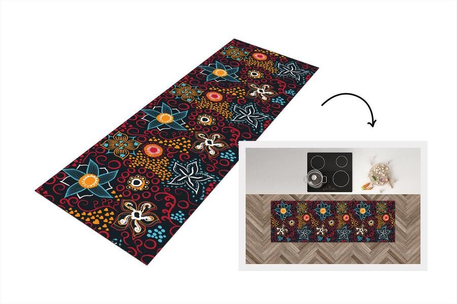 KitchenYeah Keukenloper Loper keuken Bloemen Rood Patronen 150x50 cm Keukenloper vinyl