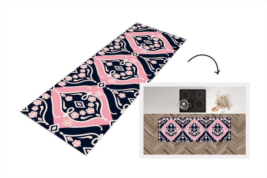 KitchenYeah Keukenloper Loper keuken Bloemen Roze Ornament Design 150x50 cm Keukenloper vinyl