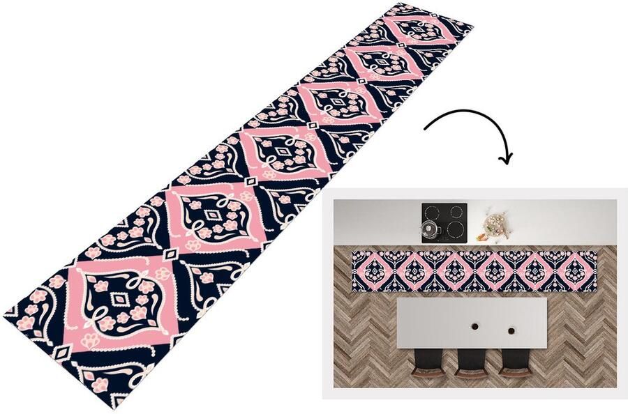 KitchenYeah Keukenloper Keukenmat Bloemen Roze Ornament Design 360x60 cm Keuken vloerkleed