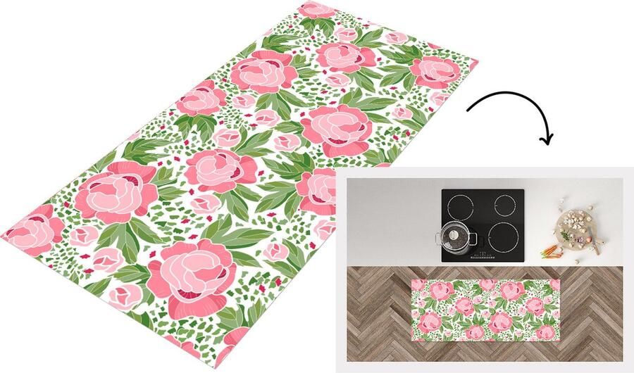 KitchenYeah Keukenloper Loper keuken Bloemen Roze Patronen 120x50 cm Keukenloper vinyl