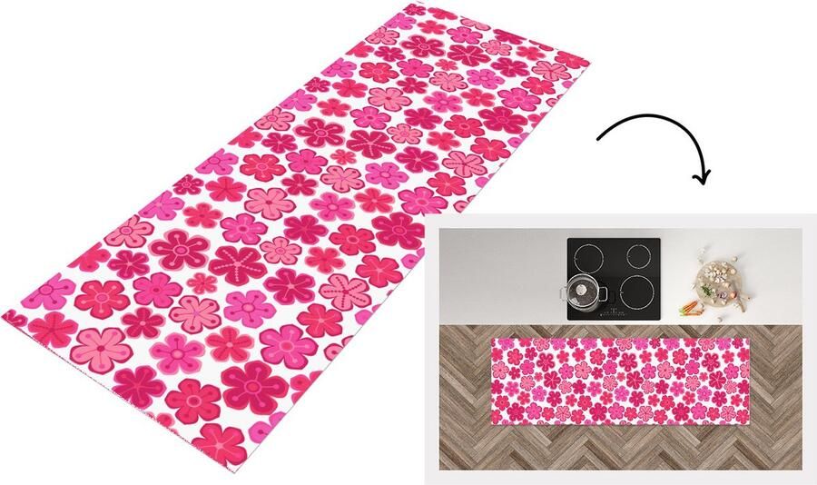 KitchenYeah Keukenloper Loper keuken Bloemen Roze Patronen 180x60 cm Keukenloper vinyl