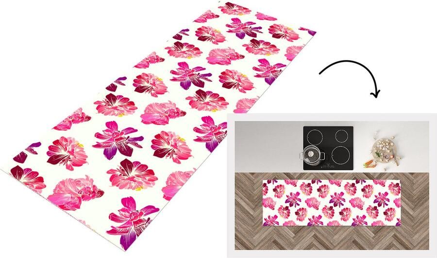 KitchenYeah Keukenloper Loper keuken Bloemen Roze Patroon 180x60 cm Keukenloper vinyl