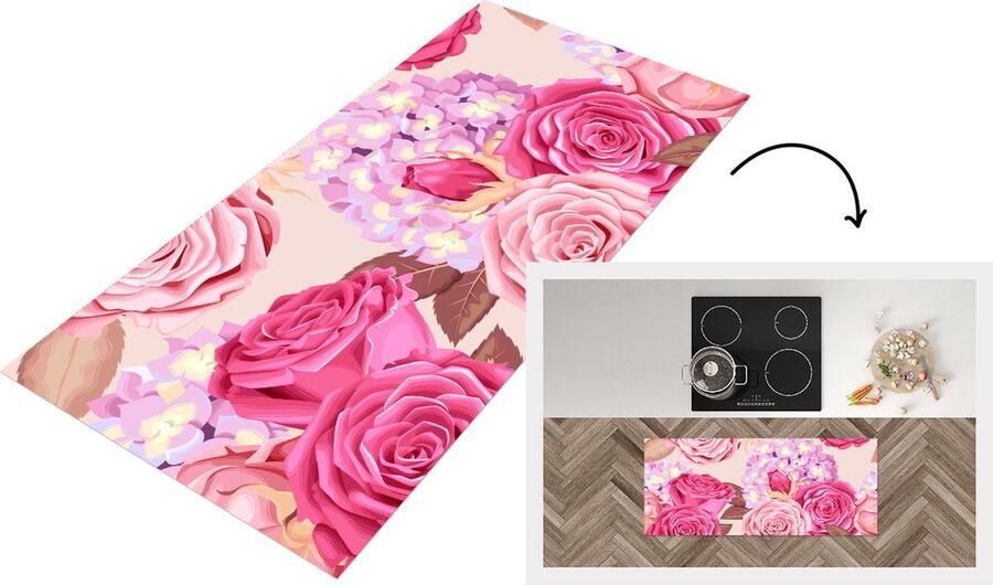 KitchenYeah Keukenloper Loper keuken Bloemen Rozen Roze 120x50 cm Keukenloper vinyl