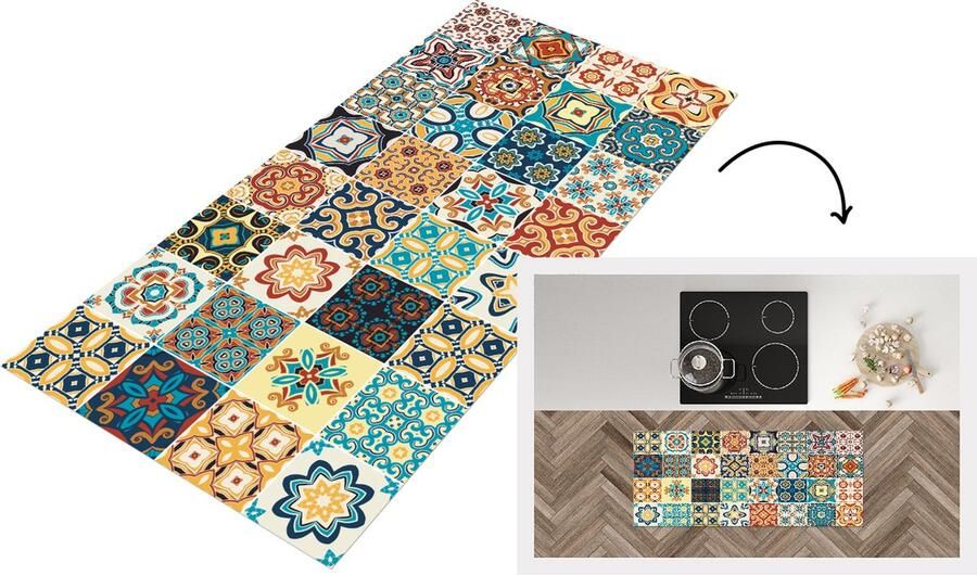 KitchenYeah Keukenloper Loper keuken Bloemen Vintage Patroon Blauw Oranje 120x50 cm Keukenloper vinyl