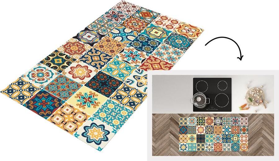 KitchenYeah Keukenloper Loper keuken Bloemen Vintage Patroon Blauw Oranje 120x60 cm Keukenloper vinyl