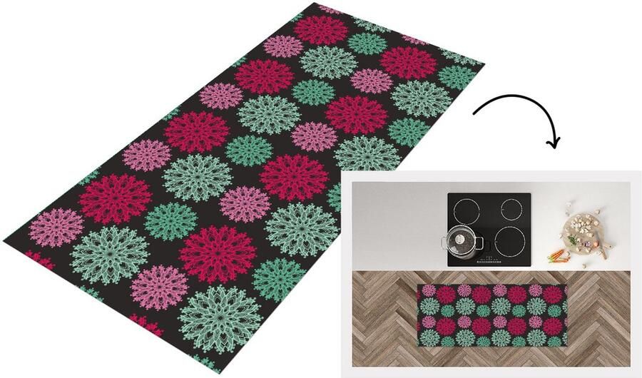 KitchenYeah Keukenloper Loper keuken Bloemen Vintage Roze Turquoise Patronen 120x50 cm Keukenloper vinyl