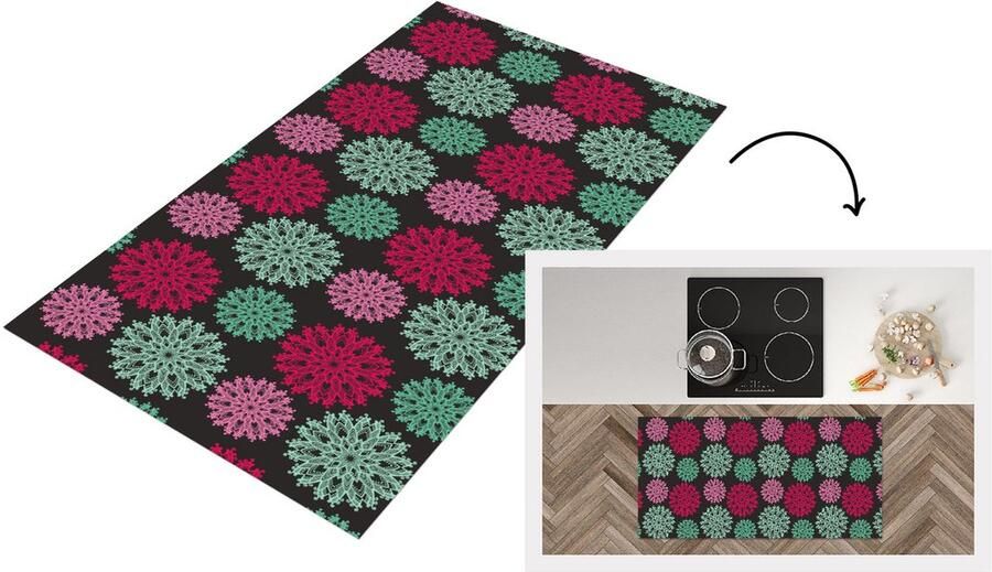 KitchenYeah Keukenloper Loper keuken Bloemen Vintage Roze Turquoise Patronen 120x60 cm Keukenloper vinyl
