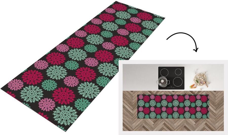 KitchenYeah Keukenloper Loper keuken Bloemen Vintage Roze Turquoise Patronen 180x60 cm Keukenloper vinyl
