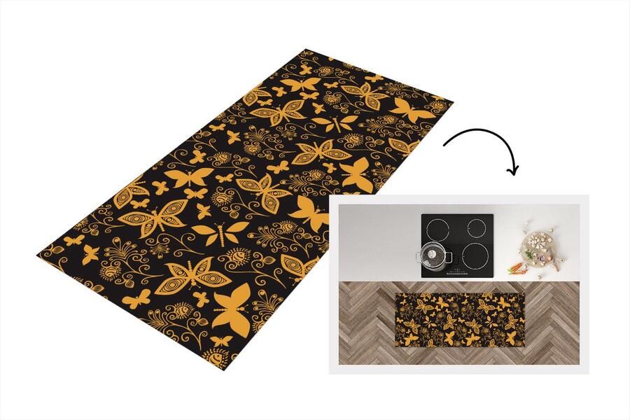 KitchenYeah Keukenloper Loper keuken Bloemen Vlinder Goud Patroon 120x50 cm Keukenloper vinyl
