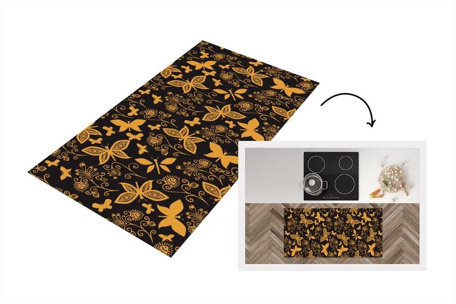 KitchenYeah Keukenloper Loper keuken Bloemen Vlinder Goud Patroon 120x60 cm Keukenloper vinyl