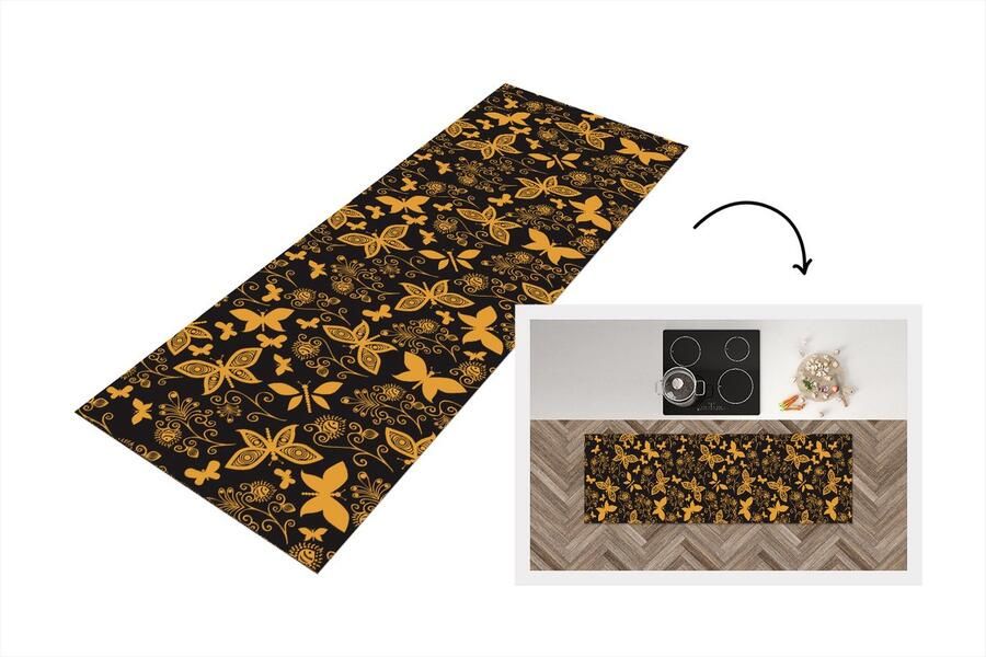 KitchenYeah Keukenloper Loper keuken Bloemen Vlinder Goud Patroon 150x50 cm Keukenloper vinyl