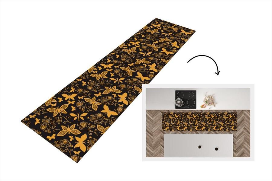 KitchenYeah Keukenloper Loper keuken Bloemen Vlinder Goud Patroon 240x60 cm Keukenloper vinyl