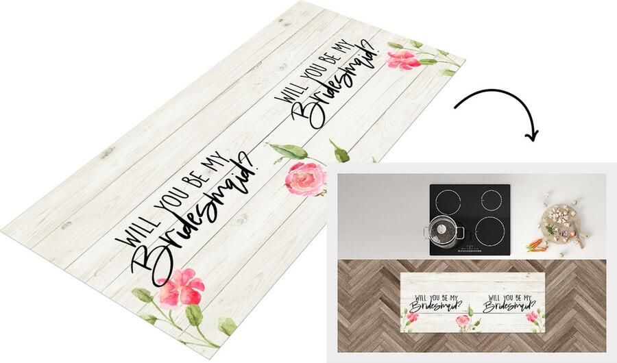 KitchenYeah Keukenloper Loper keuken Bloemen 'Will you be my bridesmaid?' Quotes Spreuken 120x50 cm Keukenloper vinyl