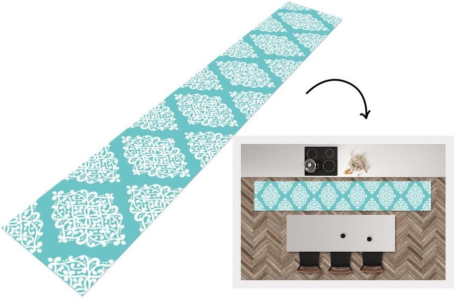 KitchenYeah Keukenloper Keukenmat Bloemen Wit Blauw Vintage Patronen 360x60 cm Keuken vloerkleed