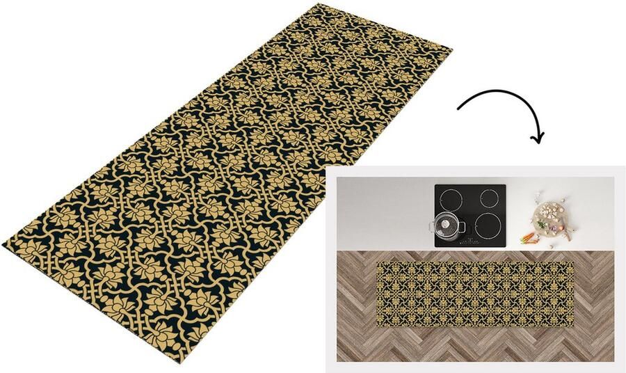 KitchenYeah Keukenloper Loper keuken Bloemen Zwart Goud Patronen 150x50 cm Keukenloper vinyl