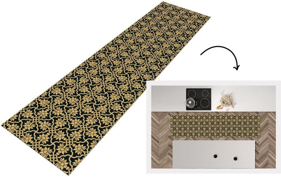 KitchenYeah Keukenloper Loper keuken Bloemen Zwart Goud Patronen 240x60 cm Keukenloper vinyl