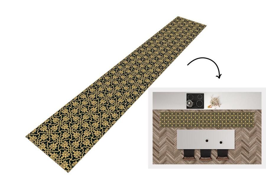 KitchenYeah Keukenloper Loper keuken Bloemen Zwart Goud Patronen 300x50 cm Keukenloper vinyl