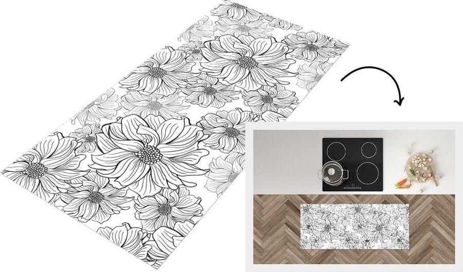 KitchenYeah Keukenloper Loper keuken Bloemen Zwart Wit Design 120x50 cm Keukenloper vinyl