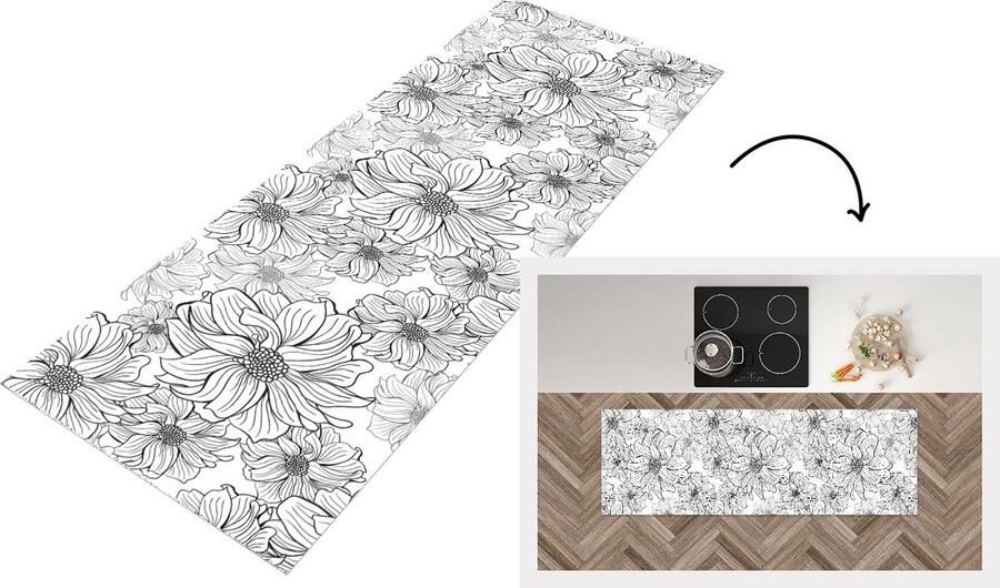 KitchenYeah Keukenloper Loper keuken Bloemen Zwart Wit Design 180x60 cm Keukenloper vinyl