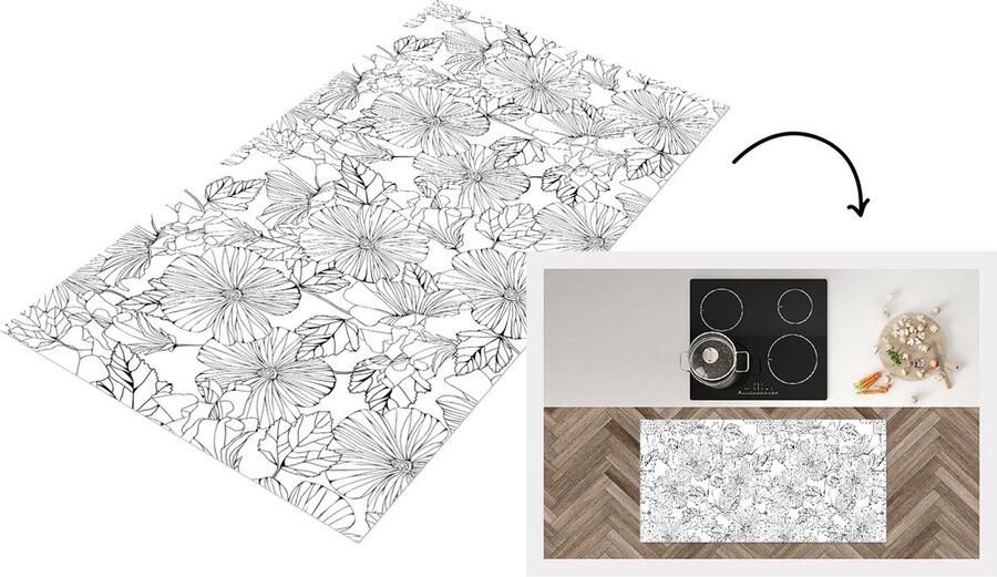 KitchenYeah Keukenloper Loper keuken Bloemen Zwart Wit Design Flora 120x60 cm Keukenloper vinyl