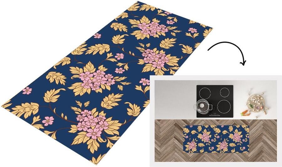 KitchenYeah Keukenloper Loper keuken Bloesem Bladeren Roze Goud Patronen 120x50 cm Keukenloper vinyl