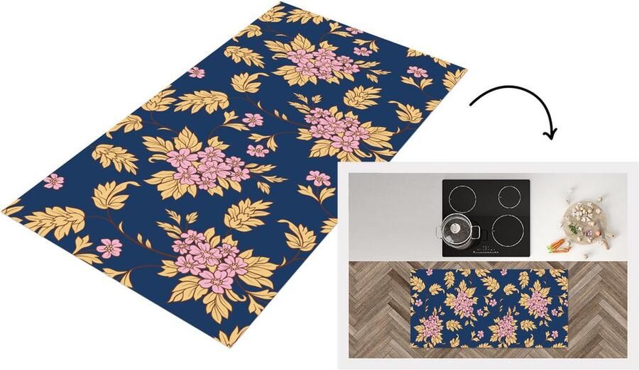 KitchenYeah Keukenloper Loper keuken Bloesem Bladeren Roze Goud Patronen 120x60 cm Keukenloper vinyl