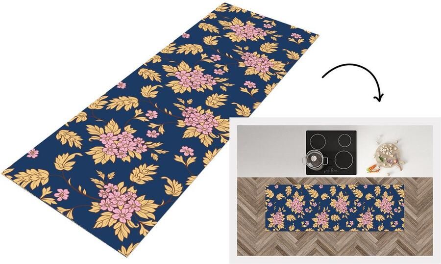 KitchenYeah Keukenloper Loper keuken Bloesem Bladeren Roze Goud Patronen 180x60 cm Keukenloper vinyl